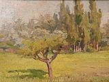 une peinture d'un champ avec des arbres en arrière-plan