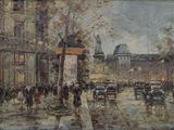 une peinture d'une rue de la ville avec des gens qui marchent dessus