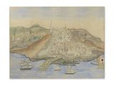 tableau représentant une vue de ville avec des bateaux sur l'eau et une montagne en arrière-plan