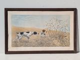 painting of two dogs running in a field with a bird in the background