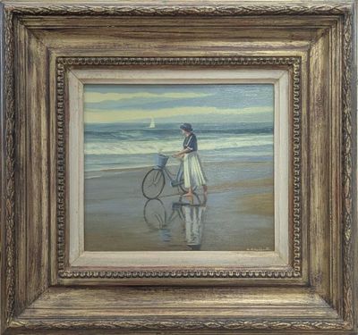 un tableau représentant une femme avec un vélo sur la plage