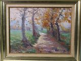 une peinture à l'huile représentant un chemin traversant un champ bordé d'arbres