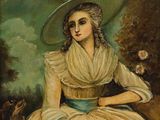 un vieux tableau représentant une femme en robe et chapeau, accompagnée d'un chien