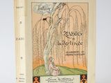 an old book with a picture of a woman sitting under a tree
