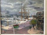 a painting of a harbor scene with boats in the water