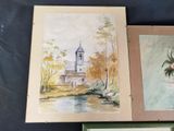 two paintings of a church and a flower in a vase