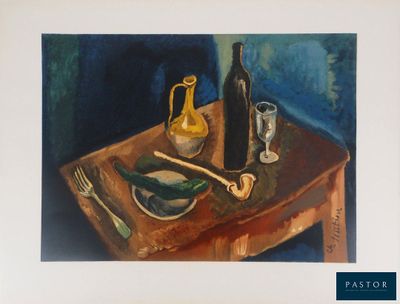 a painting of a bottle of wine and a plate of food on a table