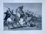 un dessin en noir et blanc représentant un homme à cheval poursuivi par un groupe d'hommes