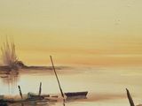 a painting of a boat on the water at sunset