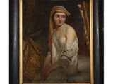 un tableau représentant une femme en robe blanche et coiffée d'un chapeau