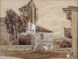 dessin d'un bâtiment avec une tour horloge au centre