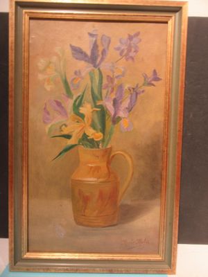 painting of a vase with flowers in it on a shelf next to a wall