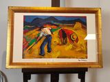 un tableau représentant un homme labourant un champ avec un cheval