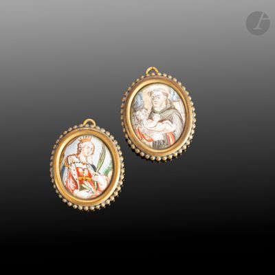 deux miniatures représentant une femme et un enfant, dans un cadre doré