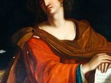 an image of a painting of a woman sitting at a table reading a book
