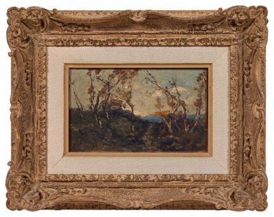 une peinture à l'huile d'un paysage avec des arbres dans un cadre doré