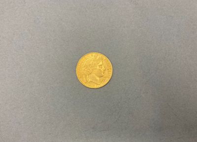 gros plan d'une pièce d'or sur une surface grise