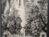 un vieux dessin représentant une fontaine dans un parc entouré d'arbres