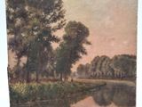 painting of a landscape with a river and trees in the foreground