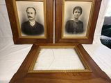 pair of framed portraits of a man and a woman sitting on a bed