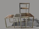 a table with a chair and a shelf on top of it