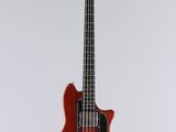 an electric bass guitar on a stand against a white background