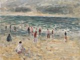 tableau représentant un groupe de personnes marchant sur une plage au bord de la mer