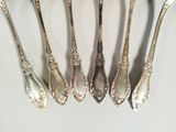 six silver spoons are lined up in a row on a white surface