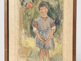 tableau représentant une jeune fille en robe bleue tenant une pomme