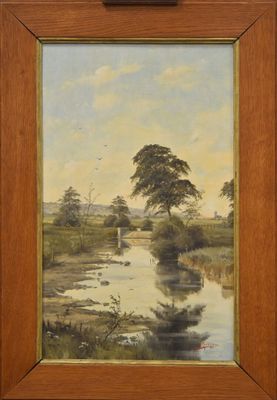 l'image d'une peinture représentant une rivière avec des arbres en arrière-plan