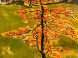 une image représentant un tableau où l'on voit un arbre et un ours dans un champ