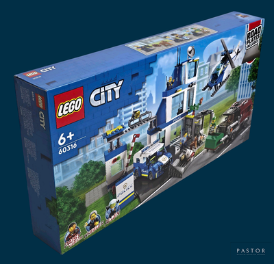 une boîte contenant un ensemble Lego City, sur fond bleu