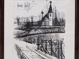 drawing of a church with a steeple and a steeple in the background