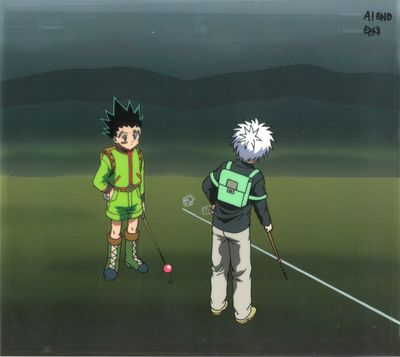 Deux personnages d'anime jouent au golf sur un terrain enherbé.