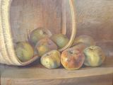 un tableau représentant des pommes et des poires dans un panier