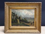 une peinture représentant un paysage avec des rochers et un bateau sur l'eau