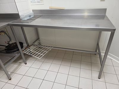 a stainless steel work table in the corner of a kitchen