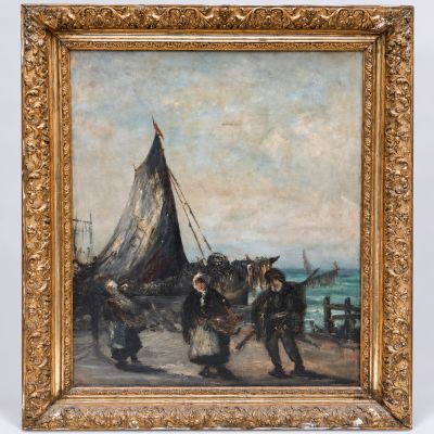 une image d'un tableau représentant un groupe de personnes sur une plage