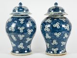 pair of blue and white vases with floral designs on them