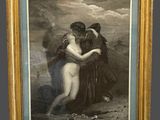 un vieux tableau représentant une femme en train d'enlacer un homme dans un champ