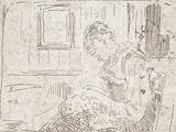 un dessin en noir et blanc représentant une femme assise sur un lit