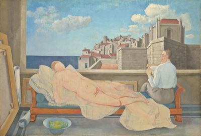 un tableau représentant une femme allongée sur un lit devant une fenêtre