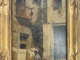 un vieux tableau représentant une femme dans une cour avec un chien