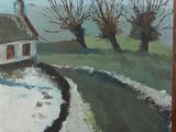 a painting of a house on a hill with trees in the background