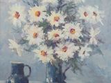 painting of a vase of daisies and a pitcher of daisies on a table
