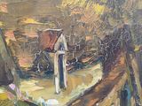 an oil painting of a small house on a dirt road