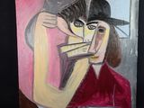 tableau représentant une femme avec un éventail et un chat sur fond noir