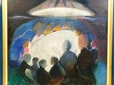 une peinture à l'huile représentant un groupe de personnes assises autour d'un objet blanc