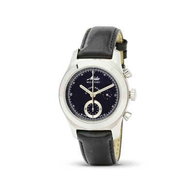 une photo d'une montre-bracelet avec un cadran noir et un bracelet en cuir noir