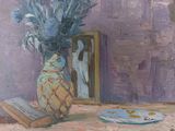 a painting of a vase with flowers in it on a table